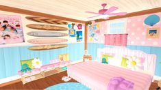 a cartoon bedroom with pink and blue walls