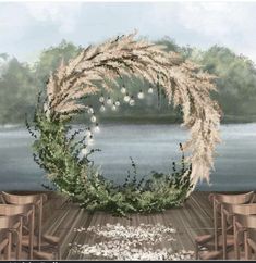 an artistic painting of chairs and a wreath