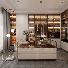 an elegant walk in closet with glass shelves