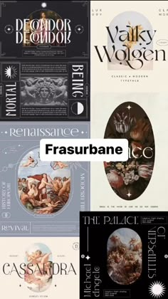 four different types of posters with the words frasubane on one side and an image of cupidus on the other