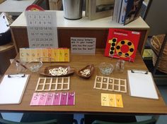 a wooden table topped with lots of different types of cards and paper on top of it