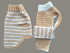 a crocheted mitt and glove are shown on a gray background