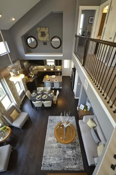 an overhead view of a living room and dining room