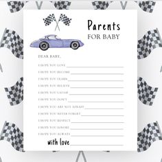 a baby shower game with a car and checkered flags