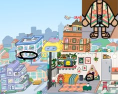 an animated image of a living room and kitchen in the simpsons style with buildings on either side