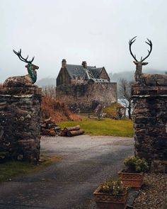 two deer heads are on top of the stone pillars in front of an old building