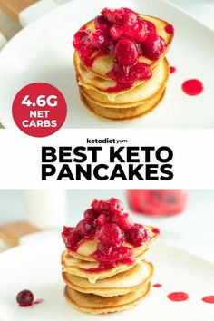 pancakes with cranberry sauce on top and the words best keto pancakes below