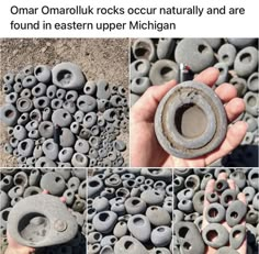 there are many different pictures of rocks in the sand and one is holding a lighter