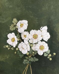 a painting of white flowers on a green background