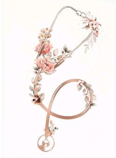 the letter e is made up of flowers and leaves on a metal hook with a ribbon