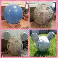 three pictures of mickey mouse made out of newspaper paper and balloons, one with ears on it