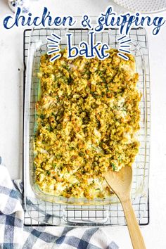 chicken and stuffing bake on a cooling rack with a wooden spoon