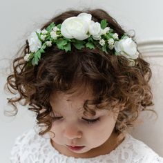 Handmade in the USA A stunning flower crown headband, designed with baby's comfort at heart, hand-crafted in our office on a super soft hand-stretched nylon band to gently stretch to easily fit any head! Gorgeous ivory roses, baby's breath and leaves adorn the headband and give the look of the real thing, but they will last well past her special day, for a special keepsake of a cherished memory! Since these pieces are hand-made, please keep in mind that each headband will be made with the same m Flower Crown Headband, Felt Creations, Heirloom Gifts, Ivory Roses, Flower Party, Ivory Flowers, Baby Christening, Bohemian Wedding Dresses, Crown Headband