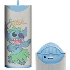 a blue and white speaker with stitch on it next to an image of the character stitch