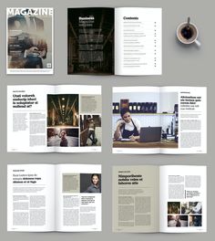 an open magazine with photos and text on the front cover, sitting next to a cup of coffee