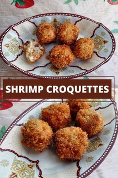 shrimp croquettes on a plate with the title above it