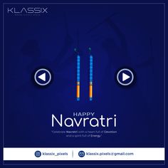 happy navratiri greeting card with blue background and two candles in the middle