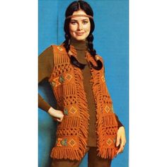 Buy 4 patterns and 1 FREE! Add all 5 to your cart and enter the coupon code SAVE20 This leather-brown fringed vest has American Indian motifs in yellow, orange and turquoise cross-stitched afghan-stitch bands around the vest. Alternating Pattern bands are in long loops crocheted over a strip and a lacy openwork design. SIZES: Directions for small size (10-12). Changes for medium size ( 14-16) are in parentheses. Fits Bust Size: 32 1/2"-34" (36''-38,"). MATERIALS: Knitting worsted, 3 (4) 4-oz. sk Festival Fringe Brown Vest, Brown Fringe Vest For Festival, Bohemian Brown Fringe Vest, Brown Bohemian Fringe Vest, Bohemian Brown Vest With Fringe, Brown Bohemian Vest With Fringe, Bohemian Fringe Vest, Bohemian Brown Vest For Festival, Bohemian Brown Vest For Fall