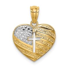 Rhodium over 14K two-tone gold polished and textured detailed US flag with cut-out cross heart pendant. Measures approximately 11/16"L x 1/2"W. Flag With Cross, Heart Cross Necklace, Engraved Cross, Cross Heart, Rose Jewelry, Heart Shape Pendant, Wedding Jewellery, Gold Price, Us Flag