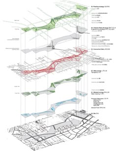 an architectural diagram showing the various sections of a building with different colored lines and shapes