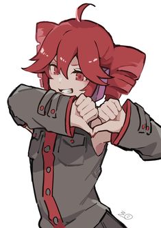 an anime character with red hair holding a cell phone to her ear and pointing at the camera