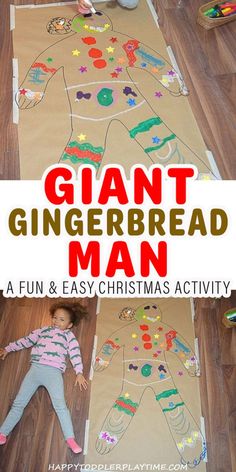 a giant gingerbread man made out of paper on the floor with kids playing around