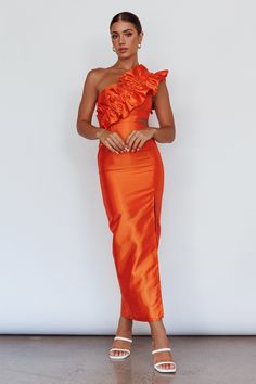 Shop the NY Moment Wide Ruffle Shoulder Dress Orange | Selfie Leslie Red Orange Dress Formal, Bright Orange Wedding Guest Dress, Mother Of The Bride Dresses Orange, Bright Formal Dress, Bright Bridesmaids Dresses, Halter Wedding Guest Dress, Bright Wedding Guest Dress, Blood Orange Wedding, Spanish Wedding Guest