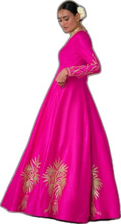 Traditional Pink Dress With Resham Embroidery, Traditional Pink Dress For Festivals, Long Pink Wedding Dress, Traditional Pink Dress With Dabka Work, Elegant Pink Gown With Pallu, Anarkali Embroidered Dress For Reception And Festivals, Traditional Long Sleeve Festive Dresses, Elegant Long Sleeve Raw Silk Dress, Floor-length Embroidered Dress For Wedding