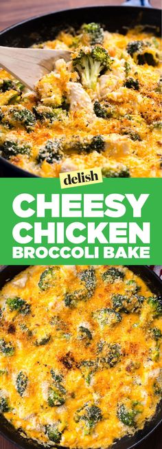 cheesy chicken broccoli bake in a cast iron skillet