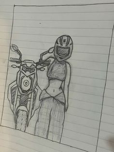 a drawing of a person on a motorbike in the middle of a notebook