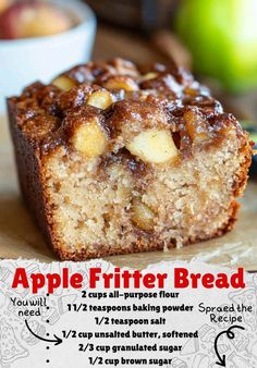 an advertisement for apple fritter bread on a cutting board