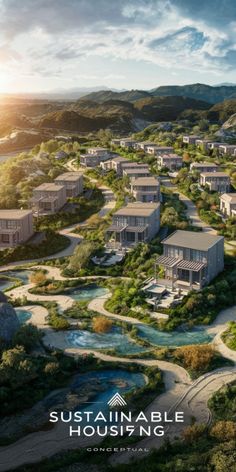 an aerial view of some houses in the hills with trees and bushes on each side