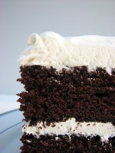 a slice of chocolate cake with white frosting