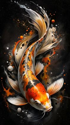 a painting of two gold and white koi fish with bubbles in the water on a black background