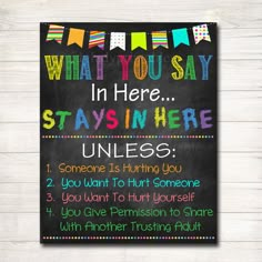 a chalkboard sign that says, what you say in here stay in here unless