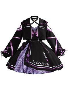 Women's Kawaii Kitty Lolita Dress
Features：

 	Product ID:DS0504
 	Material:Polyester
 	Season:Spring,Summer,Autumn,Winter
 	Color:Purple
 	Include:Dress*1+Blouse*1+Waist Bag*1

Size Chat： Pastel Goth Clothing, Cat Inspired Outfits, Cute Cat Outfits, Goth Jacket, Cat Jacket, Cat Outfit, Cat Dark, Chat Kawaii, Kawaii Kitty