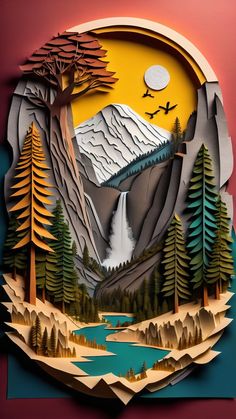 an image of a mountain scene made out of cutout paper with trees and mountains in the background