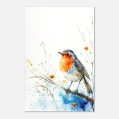 a watercolor painting of a bird sitting on a branch with orange and blue flowers