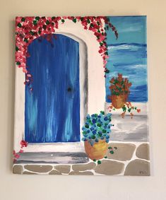 a painting of a blue door with flowers and potted plants on the outside wall