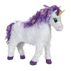 a white and purple unicorn toy with long manes