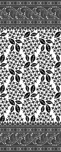 an abstract black and white pattern with leaves on it's side, as well as the