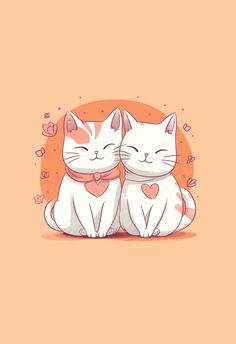 two white cats sitting next to each other with hearts on their chest and eyes closed