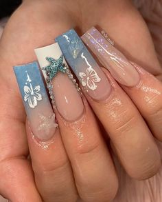 Square Ocean Nails, Beach Nails Acrylic Long, Ocean Summer Nails, Summer Water Nails, Tropical Nails Square, Water Theme Nails, Ocean Acrylic Nails, Blue Sea Nails, Bahamas Nail Ideas