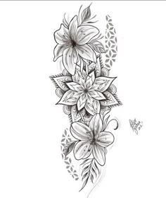 a tattoo design with flowers and leaves on it