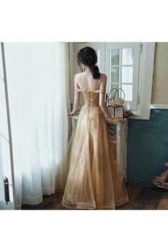 Sparkly Champagne Gold Aline Long Prom Dress For Formal - $107.89 #AM79039 - SheProm.com Princess Dress Aesthetic, Prom Dresses Long Elegant, Sparkly Champagne, Tulle Formal Dress, Dress For Formal, Champagne Dress, Dress Aesthetic, Fashion Dresses Casual, Dress Formal