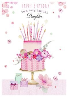 a pink birthday cake with candles and flowers