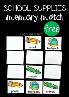 the back to school supplies memory match is shown with pencils and crayons