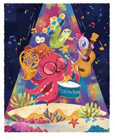 an octopus playing music with other cartoon characters in the background and under it's own light