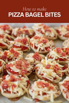 pizza bagel bites on a baking sheet with text overlay