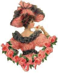 an image of a woman with flowers in her hair wearing a pink dress and hat